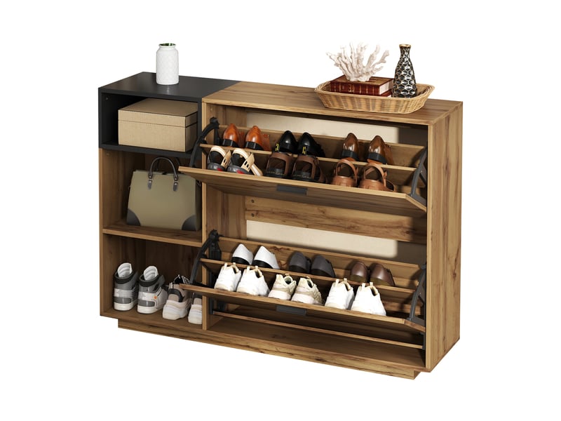  Meuble à chaussures - 120x32x84.5cm - 2 portes abattantes &amp; 3 niches ouvertes, rangement 12 paires en mdf - bois &amp; noir  - Conforama A