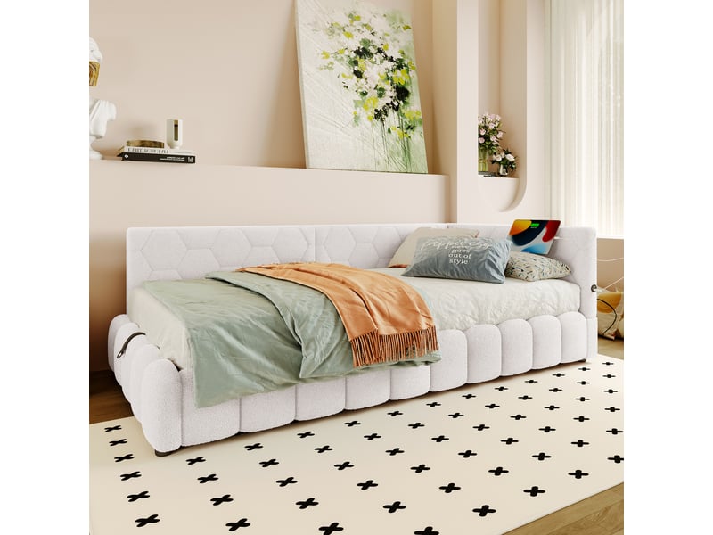  Lit banquette 90 × 200 cm avec rangement hydraulique, éclairage multicolore et ports usb, en velours blanc  - Conforama C