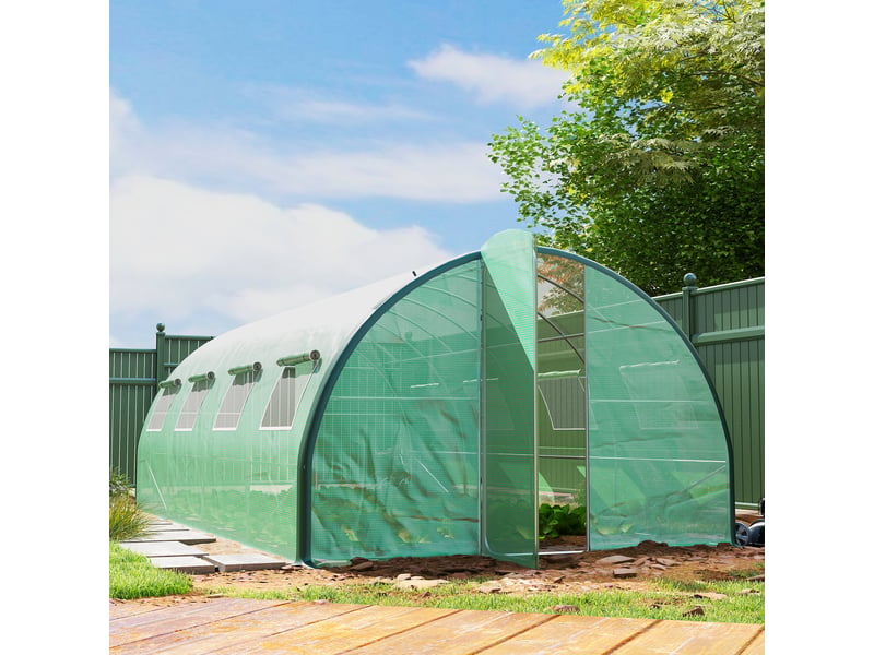  Serre de jardin tunnel serres tunnel 18 m² 8 fenêtres 2 portes articulées toile pe structure en fer galvanisé vert  - Conforama D