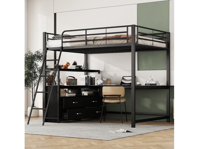  Lit mezzanine tcqpz 140 x 200 cm avec bureau en l et tiroirs en métal et mdf noir  - Conforama E