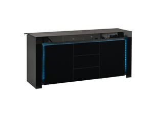 Buffet noir brillant avec éclairage led, 140 cm, 2 portes et 3 tiroirs, meuble de rangement en mdf pour salon, couloir ou bureau