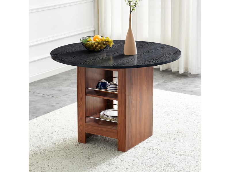  Table ronde 100 cm avec rangement – placage noyer, piètement métal, 2-4 pers, idéal cuisinepetit espace  - Conforama B