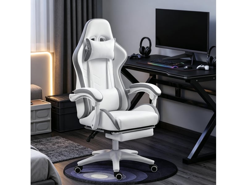  Chaise de bureau ergonomique inclinable à 135° avec repose-pieds, appui-tête et coussin lombaire, en polyuréthane blanc  - Conforama B
