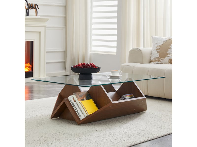 Table basse 103x63x33,5 cm - plateau verre trempé - structure mdf noyer - rangements multiples compartimentés - pour salon, bureau - noyer BUYDEEMEUS - Conforama D