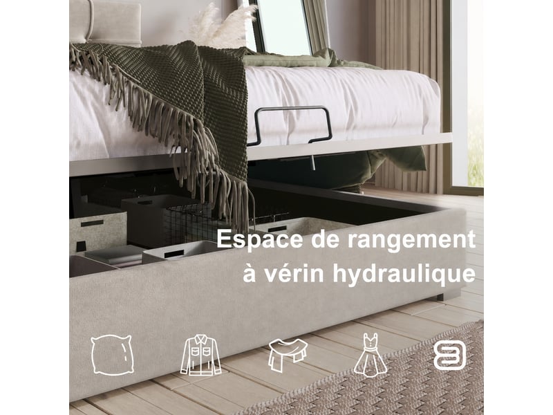  Lit coffre 140x200 avec matelas, velours gris clair, tête réglable  - Conforama E