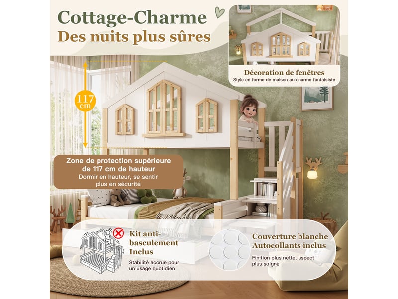  Lit superposé 90x200cm + 140x200cm - conception de maison - avec escalier de rangement et 2 tiroirs - bois massif + mdf - blanc (sans matelas)  - Conforama W