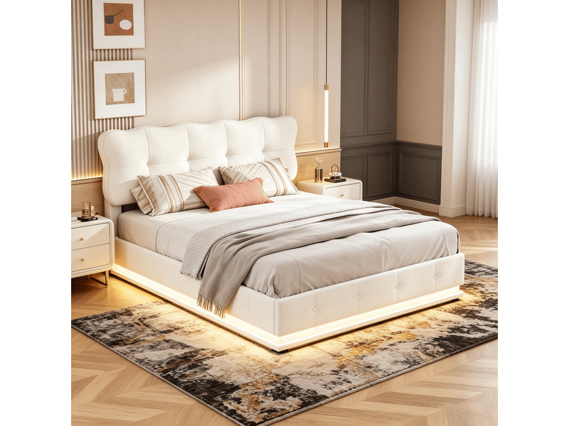  Lit 140x190 cm, rgb led, hydraulique, moderne, cadre de lit double 140x190 cm, velours, beige  - Conforama C