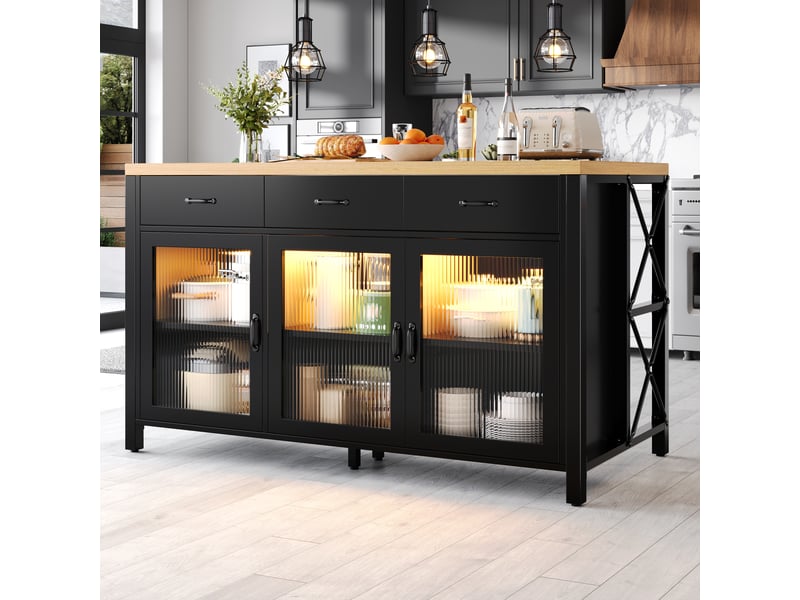  Îlot de cuisine rayofi 150 x 80 x 90 cm - 3 tiroirs, 3 portes vitrées, design industriel, led intégré, pieds réglables, noir N620P19312829S - Conforama R