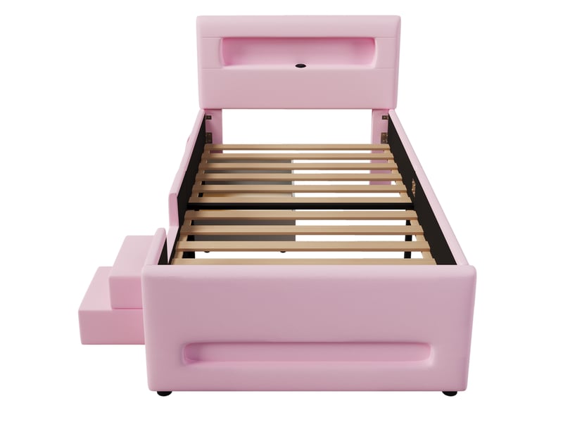  Lit enfant 90x200cm, escaliers, tiroirs, bandeaux led et espace de rangement, design confort, mdf, pu rose sans matelas  - Conforama E