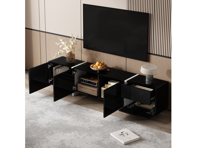  Meuble tv modenvie noir et blanc avec led, 3 portes, tiroir et porte abattante 170 x 30 x 39 cm  - Conforama E