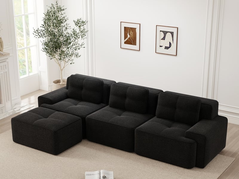  Canapé modulable d’angle 3 places avec ottomane en velours côtelé noir, sans montage  - Conforama B
