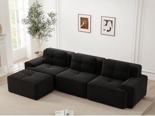 Canapé modulable d’angle 3 places avec ottomane en velours côtelé noir, sans montage