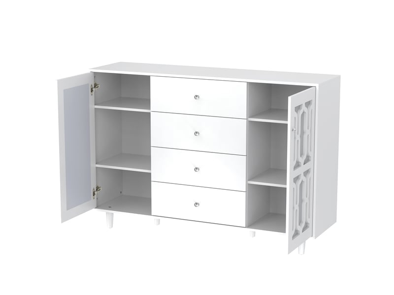  Buffet et enfilade avec 2 portes et 4 tiroirs, façade miroir, en mdf, blanc, 145 × 40 × 102 cm - uvrion  - Conforama A