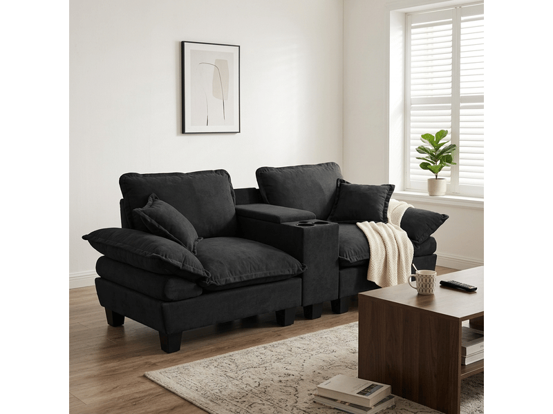  Canapé modulable noir en chenille avec rangement caché et usb, design moderne pour salon ou appartement  - Conforama B
