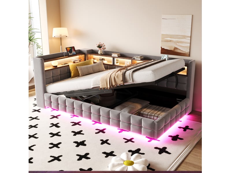  Lit coffre 90x200 cm, étagères en bois, velours, coloris gris clair, espace de stockage caché  - Conforama D