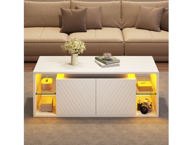  Table basse 100x50x41 cm avec led et rangement, table de salon, pour le salon, panneau de particules, couleur blanche  - Conforama B