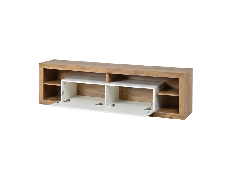  Meuble tv - 180x35,5x50cm - pour tv jusqu'à 75 - éclairage led rgb app, 2 portes abattantes &amp; niches - bois &amp; blanc  - Conforama A