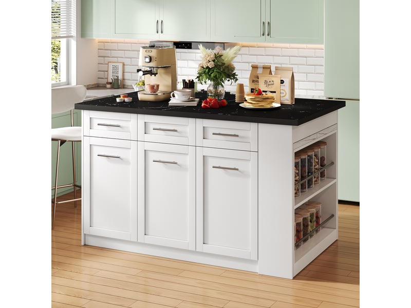  Îlot central de cuisine 150x90cm - avec table extensible 96cm, plan effet marbre noirblanc &amp; rangements - blanc  - Conforama B