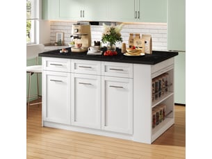 Îlot central de cuisine 150x90cm - avec table extensible 96cm, plan effet marbre noirblanc & rangements - blanc