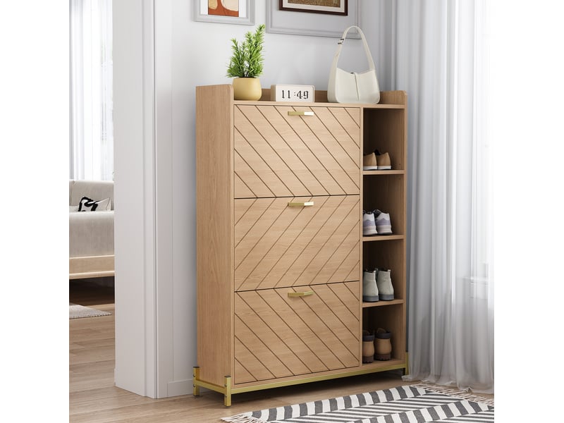 Meuble à chaussures à 3 portes abattantes avec étagères latérales ouvertes pour entrée en mdf naturel 90 × 24 × 119 cm - Conforama C