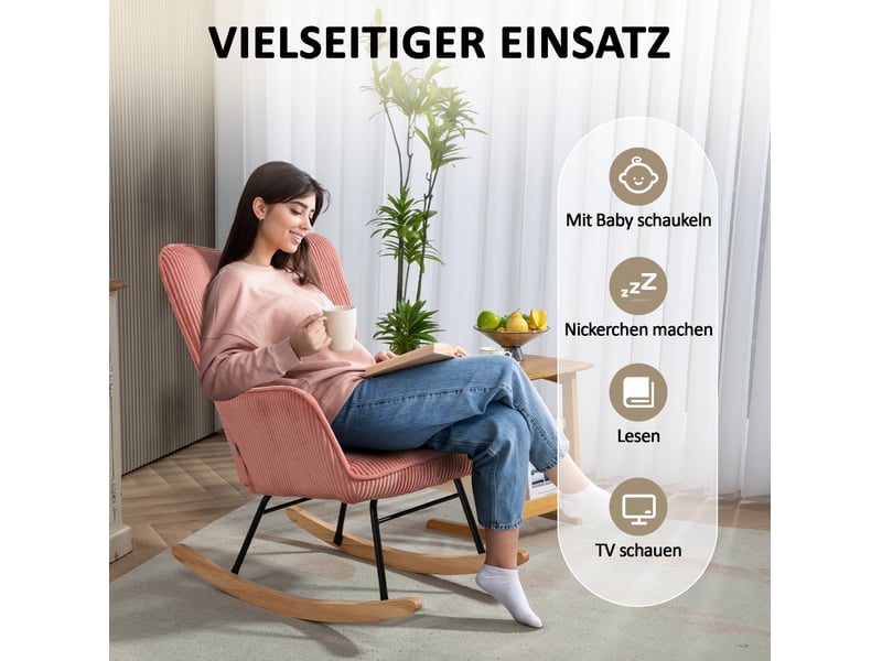  Fauteuil à bascule avec accoudoirs, dossier haut et base en bois, revêtement en polyester rose  - Conforama D