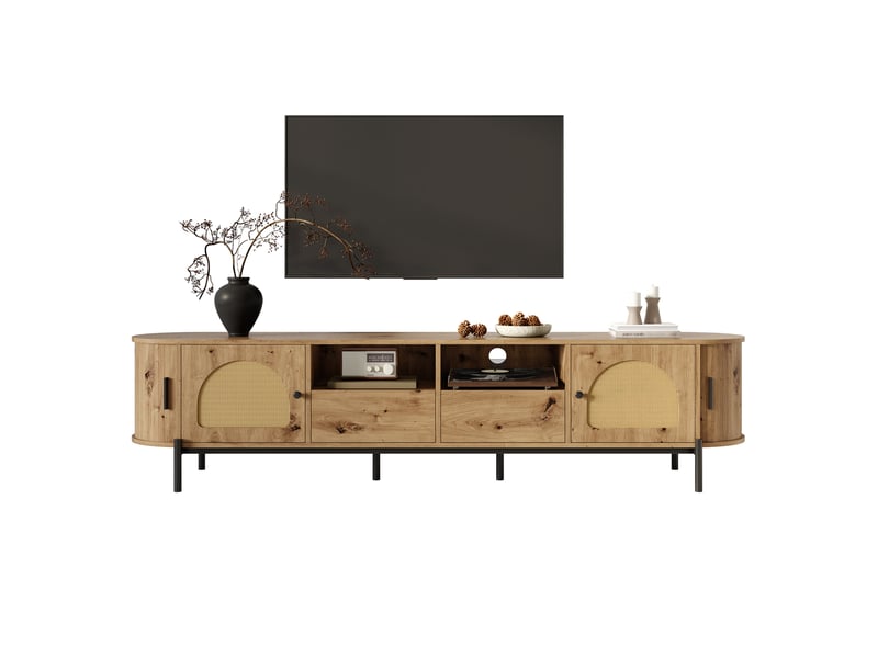  Meuble tv ovale 200x40x49,5 cm avec 2 portes coulissantes en rotin, 2 tiroirs et étagères,pieds métal,mdf,naturel evarich - Conforama A