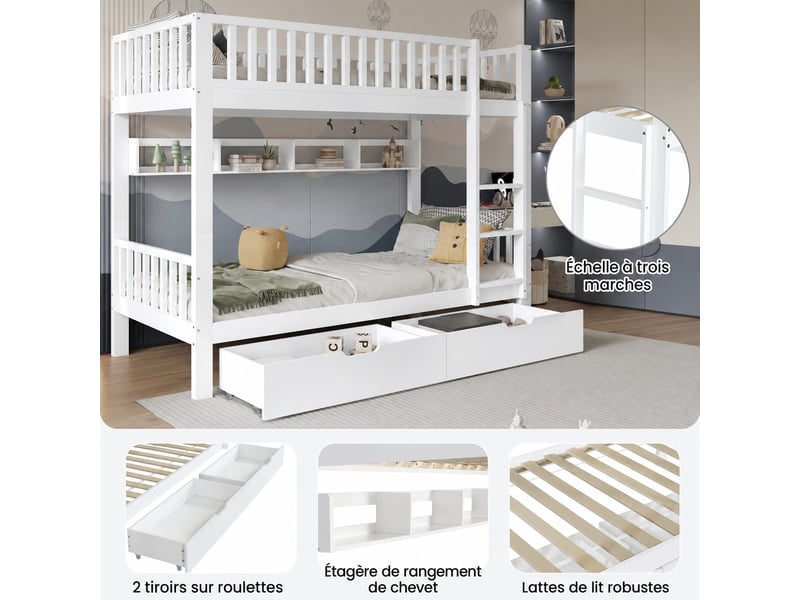  Lit superposé enfant 90 x 200 cm séparable, avec échelle réversible, barrières, étagères et tiroirs, bois blanc  - Conforama D