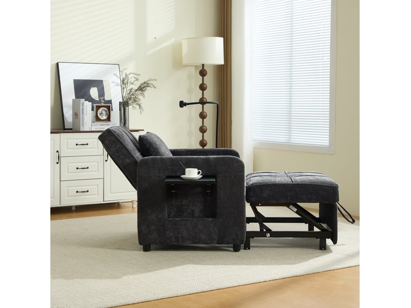  Fauteuil convertible 79x66x83 cm, dossier 5 positions, coussin, canapé 1 place, tablette, rangement, tissu en chenille gris foncé  - Conforama C