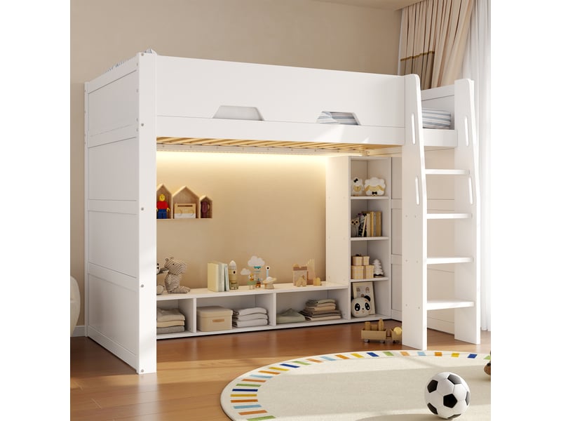  Lit mezzanine enfant 90x200cm avec rangements intégrés, armoires et étagères ouvertes, éclairage led, échelle et barrières de sécurité, mdf - blanc  - Conforama D