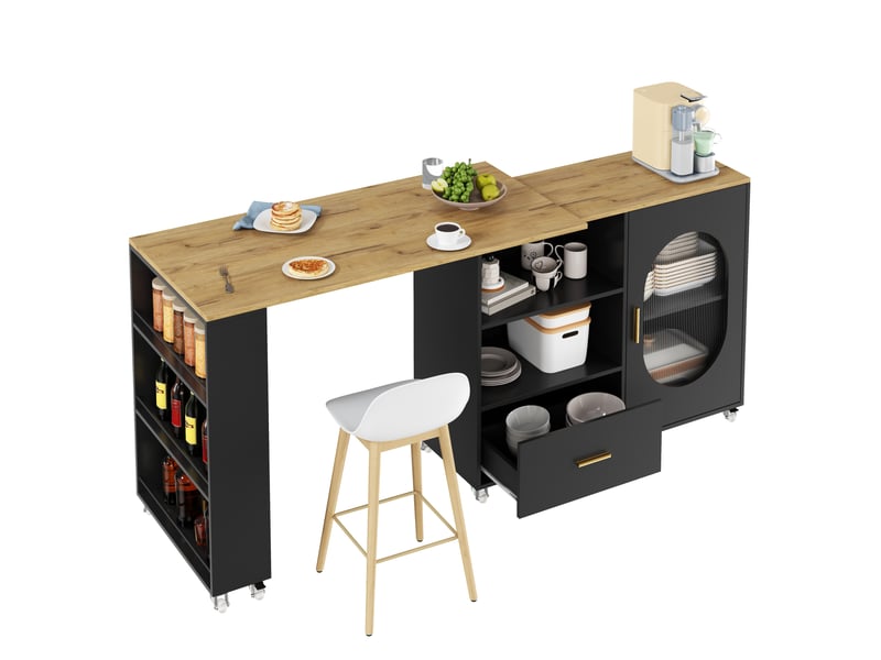  Îlot de cuisine 120x60x90 cm extensible avec 1 porte et 1 tiroir en plateau pivotant et mdf couleur naturel et noir  - Conforama A