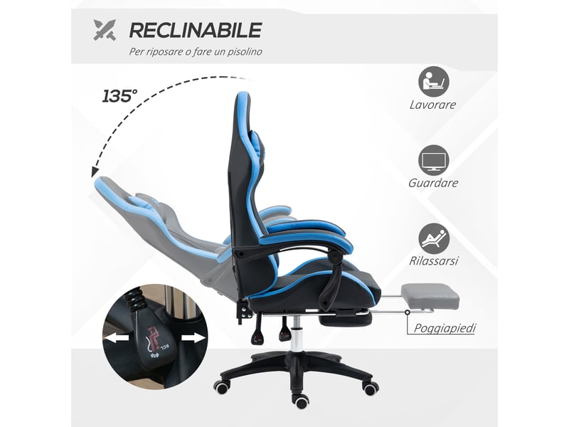  Chaise gaming avec repose-pieds, fauteuil gamer bleu et noir réglable 65x65x121-129 cm  - Conforama R