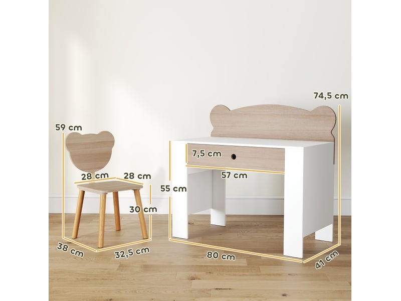 Ensemble bureau enfant 80x41x74,5 cm blanc et bois, avec chaise et tiroir de rangement pour 3 à 8 ans - Conforama C