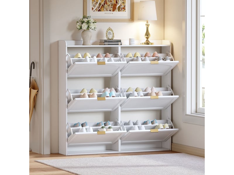  Meuble à chaussures basculant 120x20x120, armoire à chaussures 6 abattants, commode haute fermée, blanc, format compact  - Conforama A
