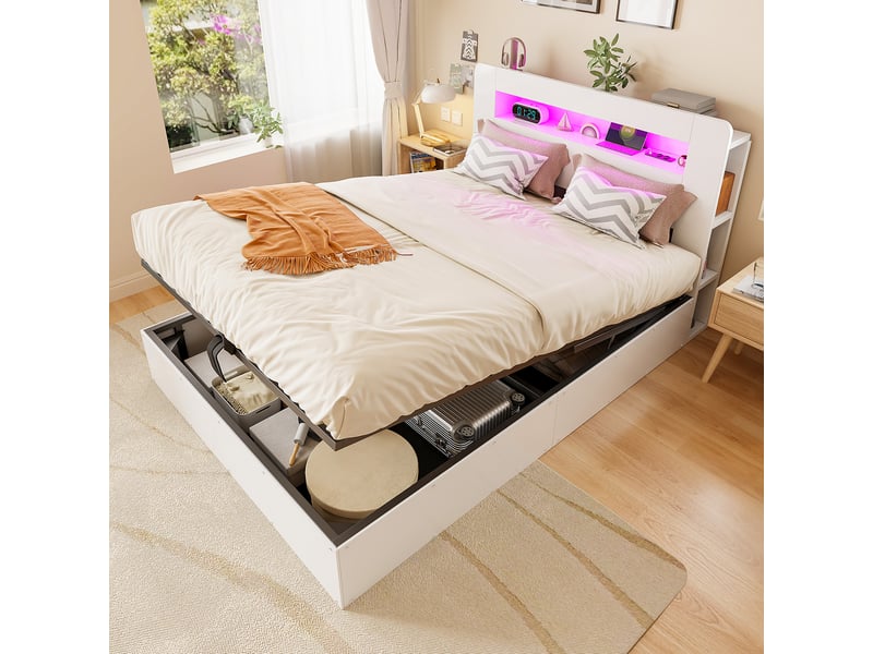  Cadre de lit bois 140*200 avec coffre hydraulique, tête led, prises et rangements, coloris blanc  - Conforama E