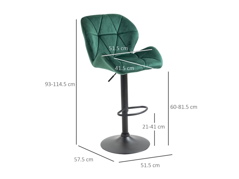  Lot 2 tabourets bar réglables, métalvelours, cuisine modernes, dossier, repose-pieds, 46x48x83-104 cm, vert.  - Conforama E