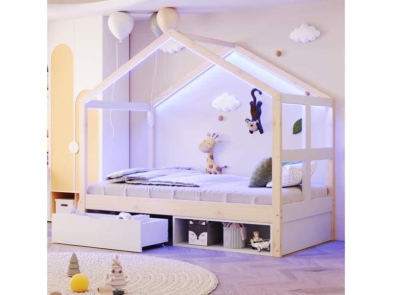  Modenvie lit cabane 90x190 cm - rangement intégré, éclairage led multicolore - pour chambre d'enfant - naturel  - Conforama B