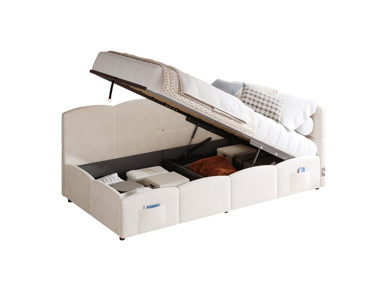 Lit coffre rembourré 90x200cm coloris beige tissu lit enfant beige - Conforama A