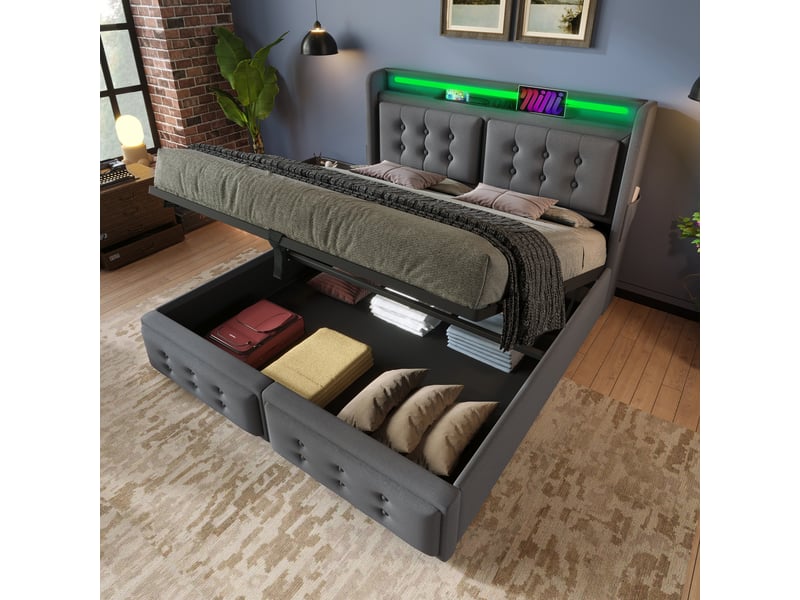  Lit coffre 160x200 cm gris – led, usb-c, sommier à lattes et rangement intégré  - Conforama E