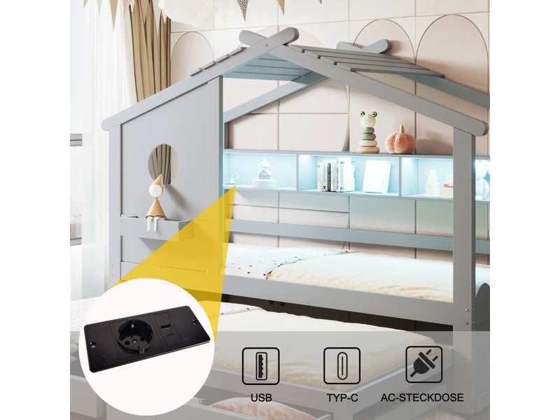  Lit enfant lit simple avec led 90x200 cm avec lit gigogne 90x190 cm lit cabane design en forme de maison avec deux tiroirs et étagères gris  - Conforama D