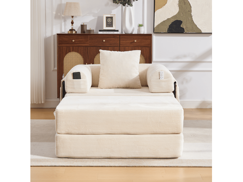  Fauteuil modulable modenvie en velours côtelé beige avec repose-pieds et coussin 112 x 190 x 67 cm  - Conforama D