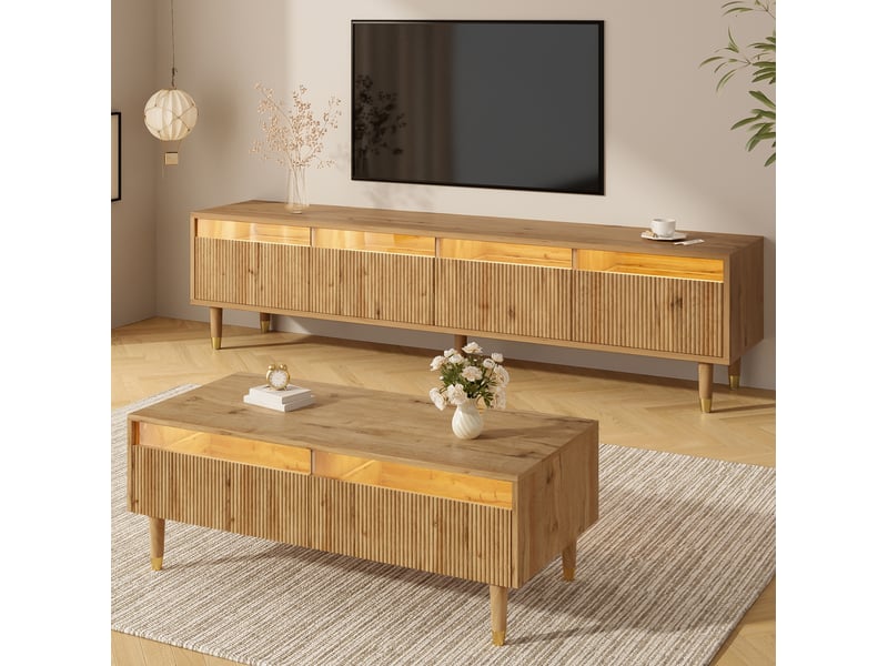  Meuble tv tcqpz 178 x 35 x 45 cm 4 portes led 7 couleurs app bois clair mdf avec table basse 2 tiroirs  - Conforama B