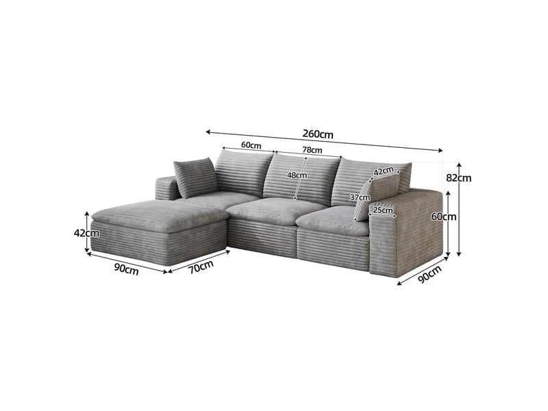 Canapé modulaire 4 places avec méridienne, coussins amovibles et assise en mousse, velours côtelé gris foncé - Conforama C