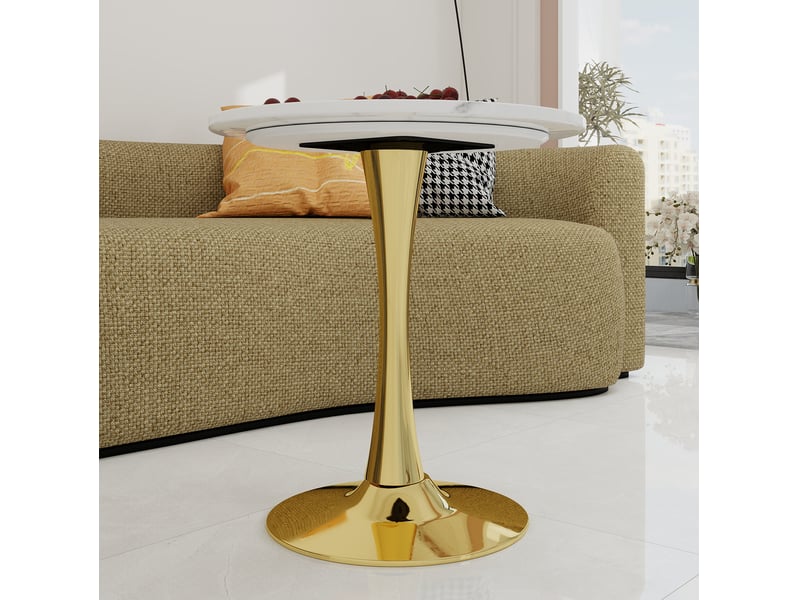  Guéridon rond 70x70x72 cm, table d'appoint et repas pour 2 personnes, plateau en marbre artificiel, doré et blanc  - Conforama E