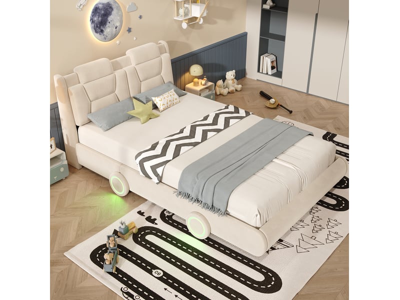  Lit enfant 140x200 cm en flanelle beige avec tête de lit réglable, style de la voiture, sans matelas  - Conforama W