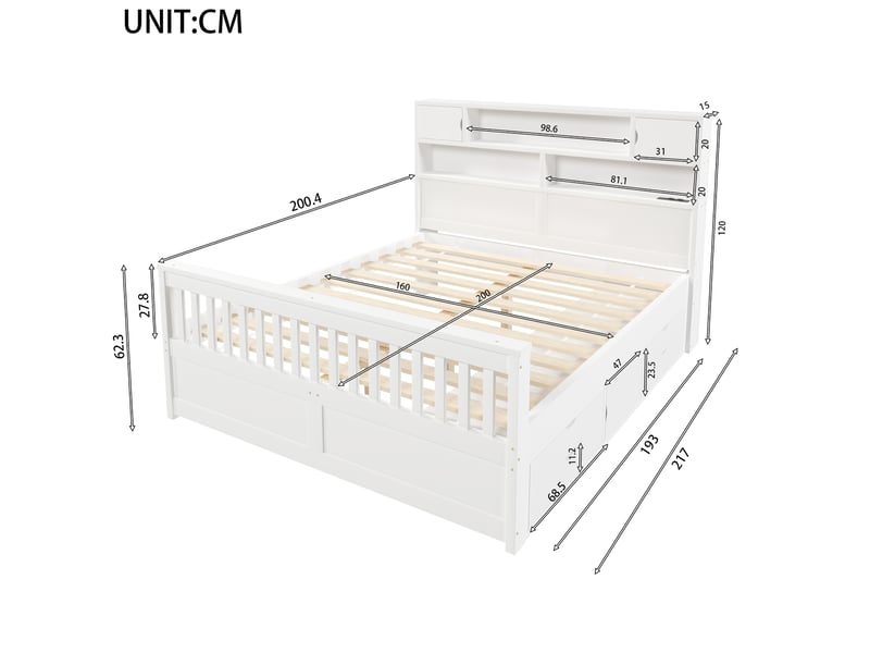  Lit avec rangement 160x200 cm blanc avec led, usb, rangements et 4 tiroirs  - Conforama C