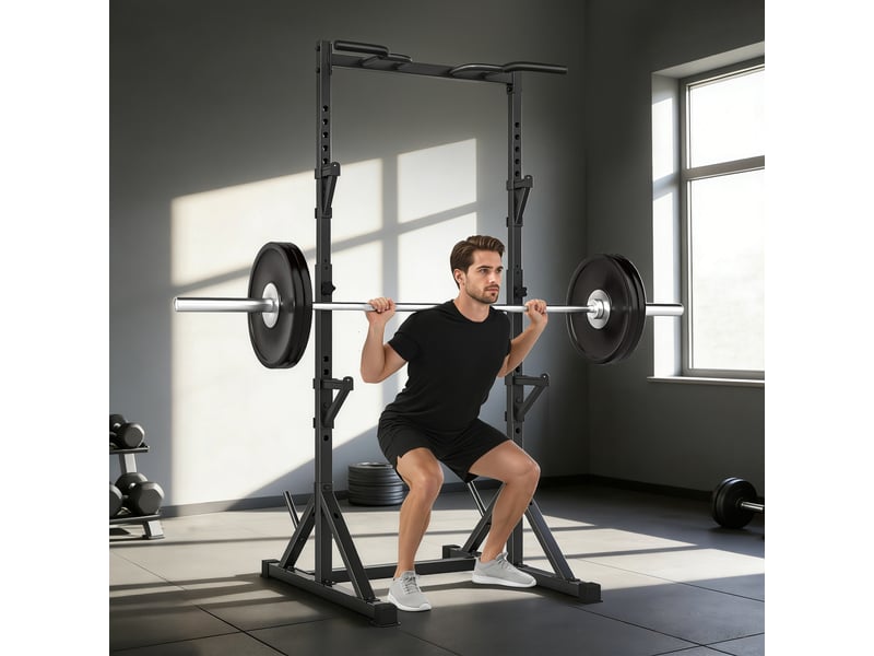 Support à squats réglable avec double support, porte-disque et barre de traction, acier, 112-100 x 201-217 cm, noir - Conforama C