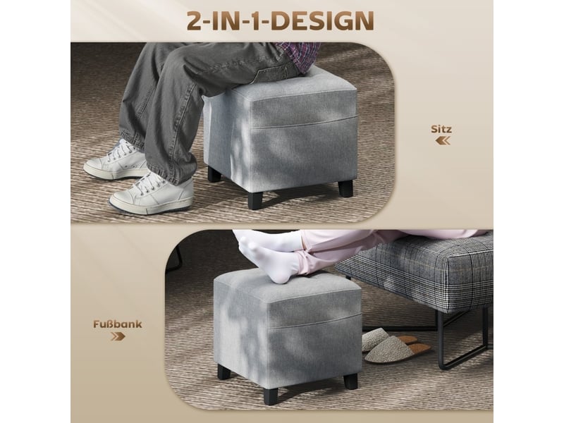  Pouf carré 35x35x35 cm avec poche latérale tissu aspect lin gris clair  - Conforama D