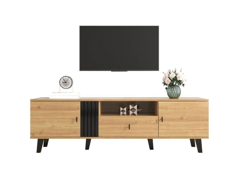  Meuble tv moderne 170cm avec tiroir 2 portes étagère ouverte console multimédia scandinave aspect bois avec accents noir  - Conforama A