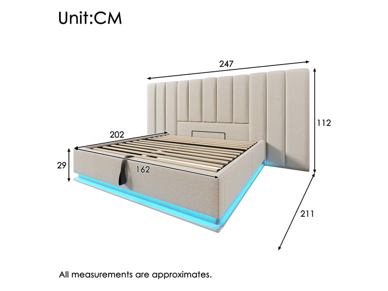  Lit coffre adulte 160x200 cm – beige – led connectée, ports usb et usb-c, sommier à lattes, sans matelas  - Conforama C