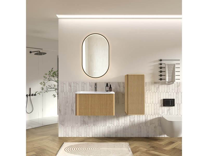  Meuble sous vasque suspendu avec colonne, miroir led et vasque en résine, rangement pour salle de bain, chêne et blanc  - Conforama B